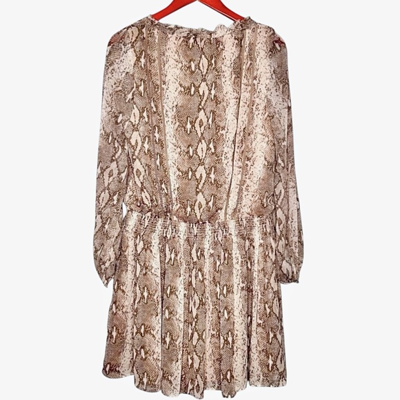 Banana Republic Snakeskin Dress Medium Chiffon Keyhole Smocked Neutral Tassels - Picture 3 of 11